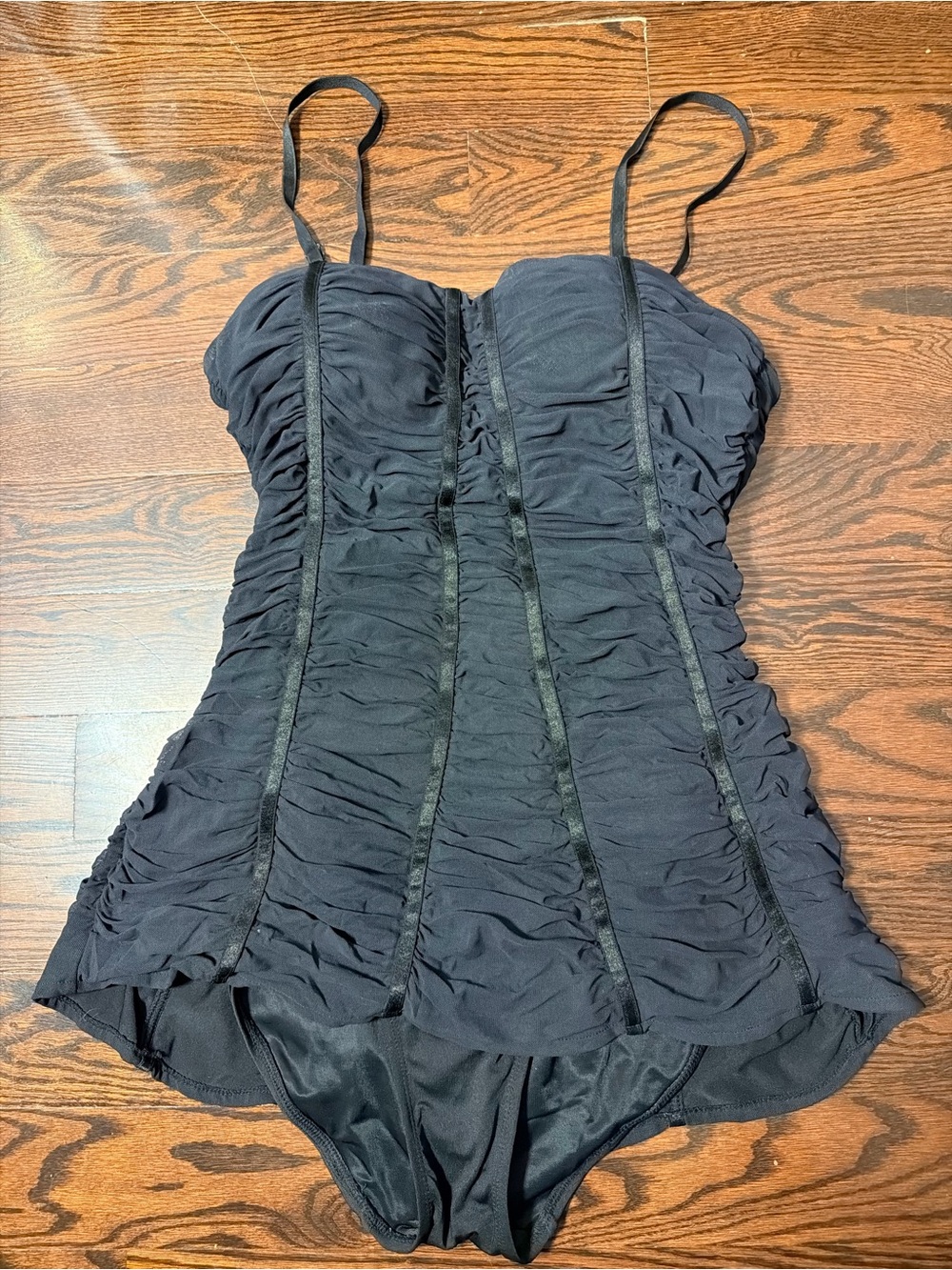 Spanx Black Padded One Piece Ruched Swimsuit Adjustable Straps Size 12